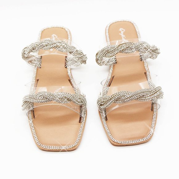NEW Double Clear Strap Twisted Sparkly Bling Rhinestone Slip On Slides Sandals - Picture 4 of 15